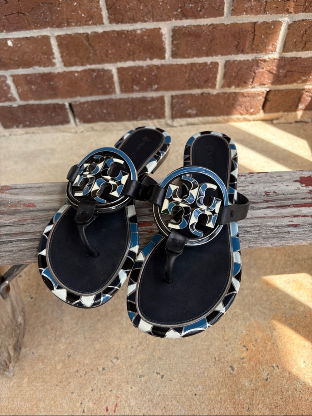Tory Burch Miller Black and Blue Logo Thong Sandals